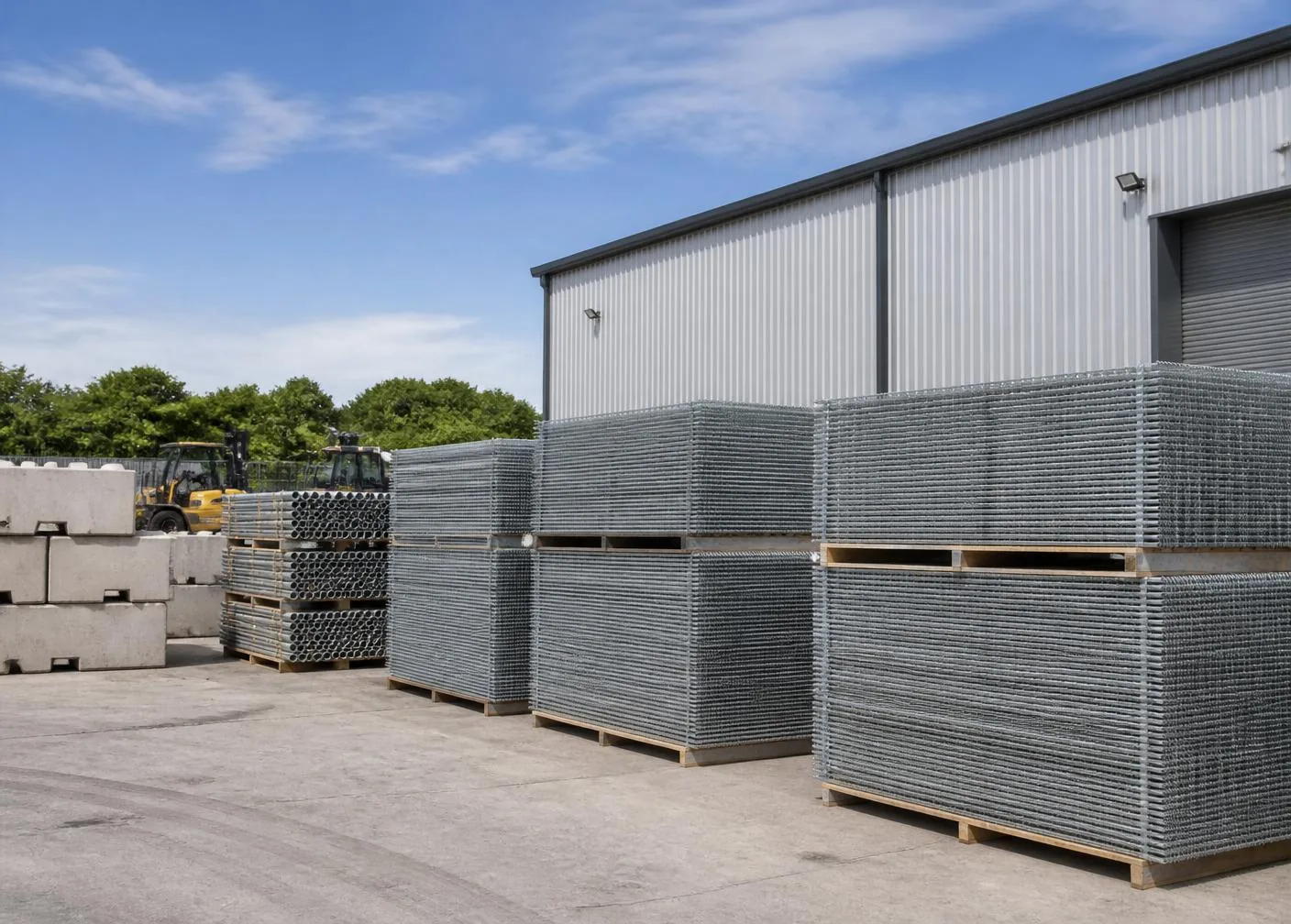 Industrial yard with stacked temporary fencing panels