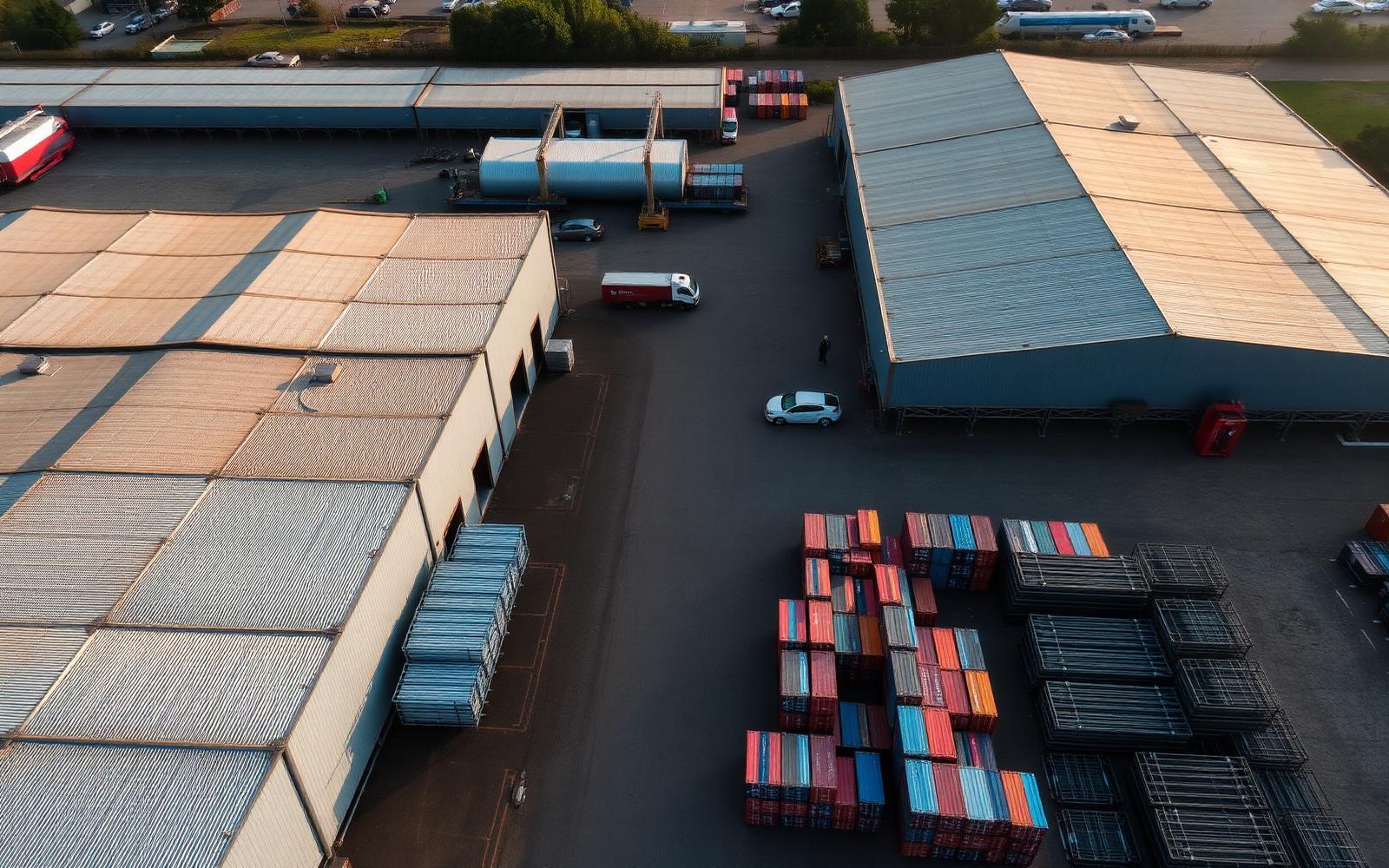 Industrial yard with stacked temporary fencing panels