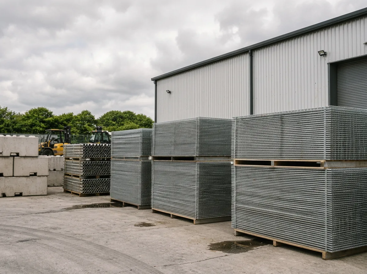 Industrial yard with stacked temporary fencing panels