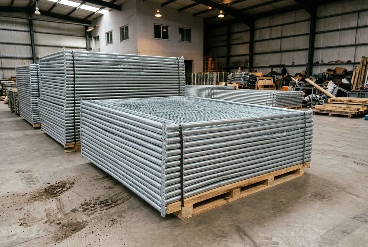Galvanised temporary fencing panels on concrete block feet with diagonal stabiliser braces and stacked concrete counterweights