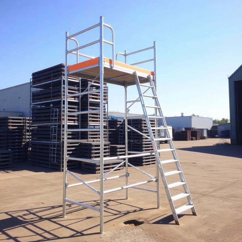 Aluminium scaffold tower and extension ladders in an industrial yard