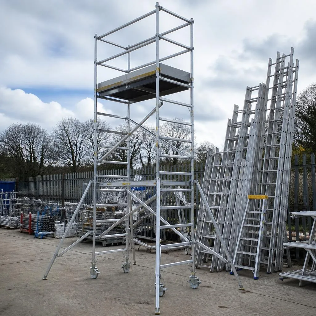 Aluminium scaffold tower and extension ladders in an industrial yard