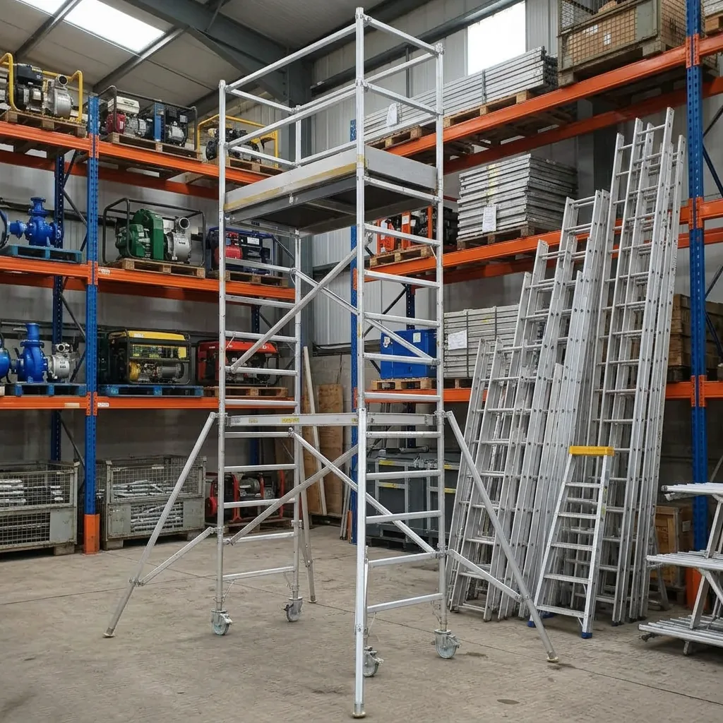 Aluminium scaffold tower and extension ladders in an industrial yard
