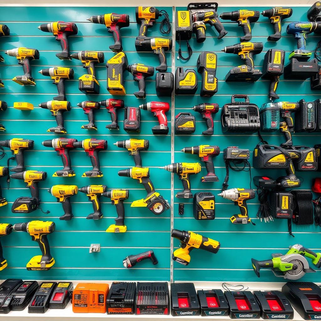 Wall display of professional cordless power tools from major trade brands