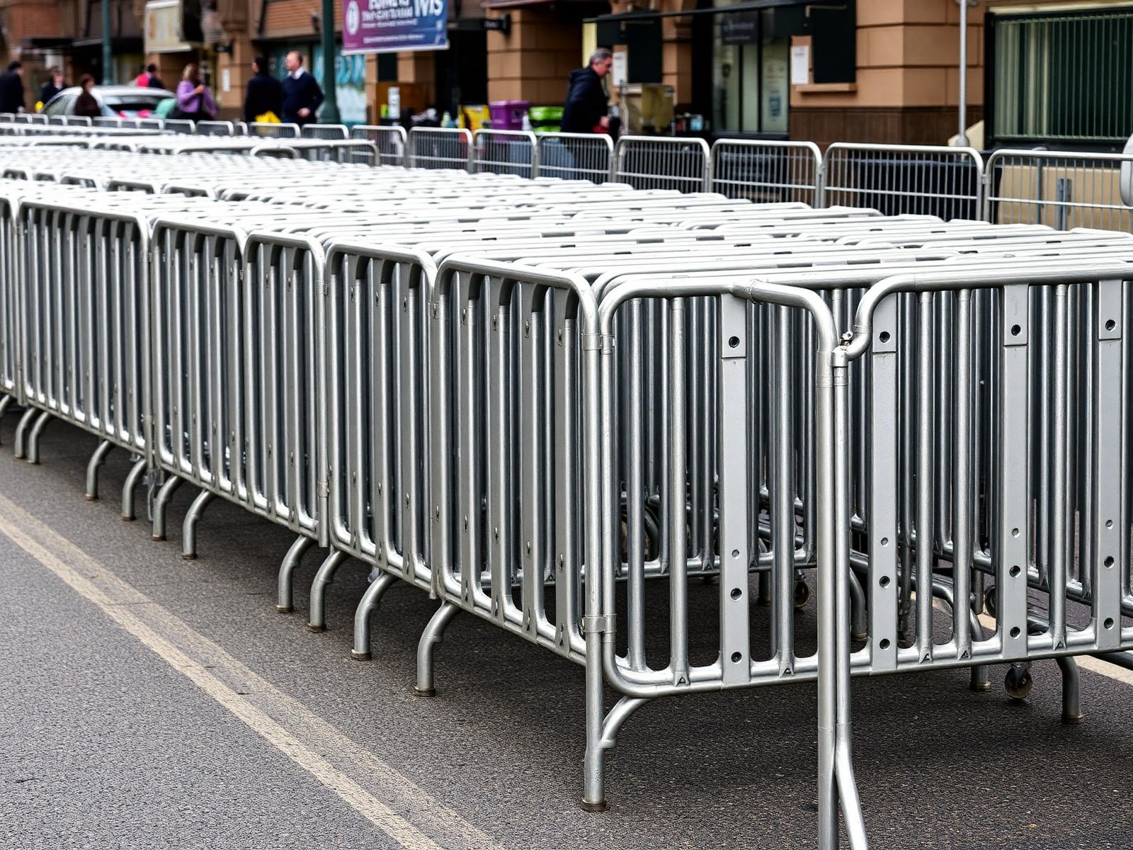 Interlocking crowd control barriers deployed at a public event