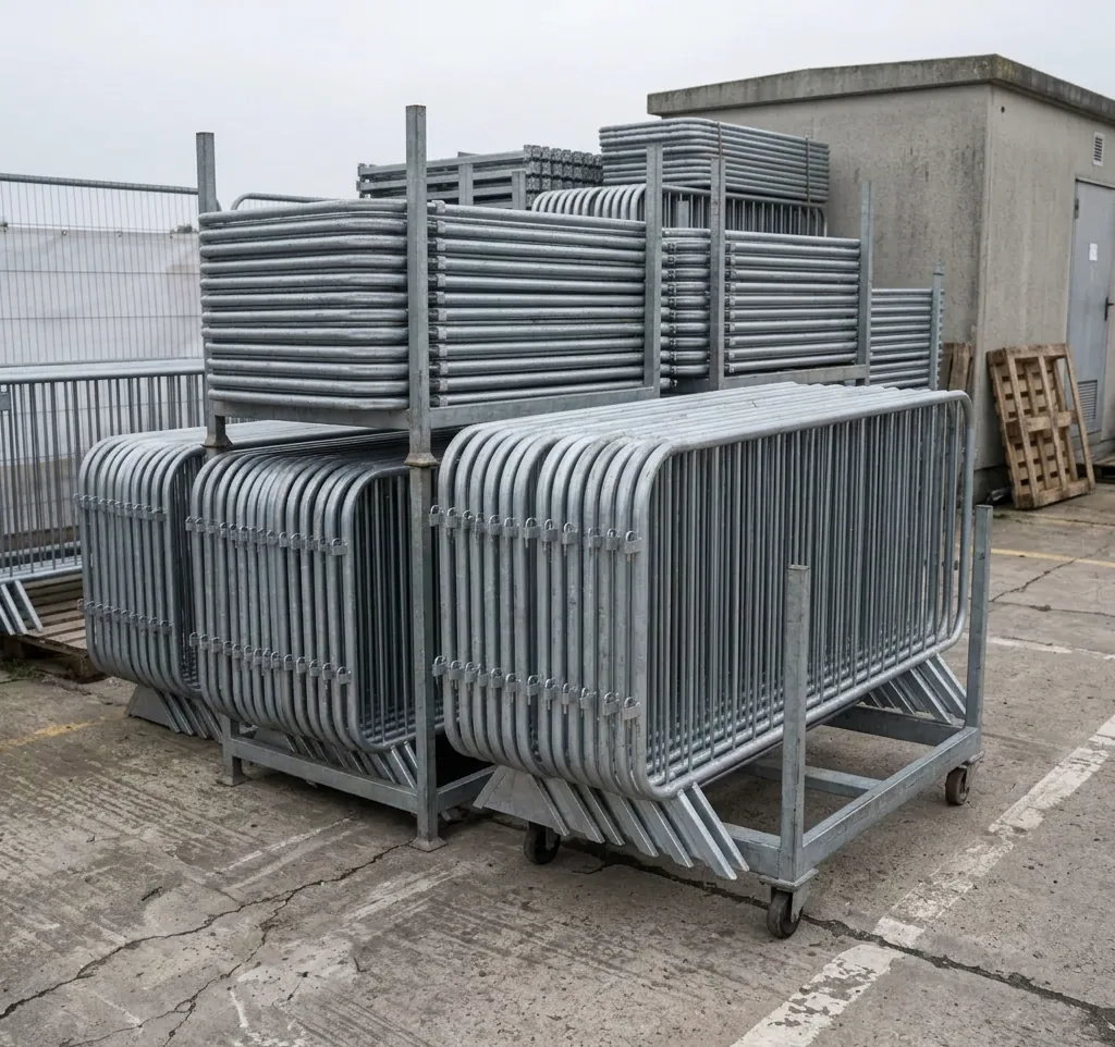 Interlocking crowd control barriers deployed at a public event