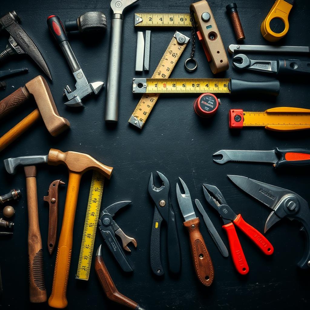 Professional trade hand tools laid out on a workbench