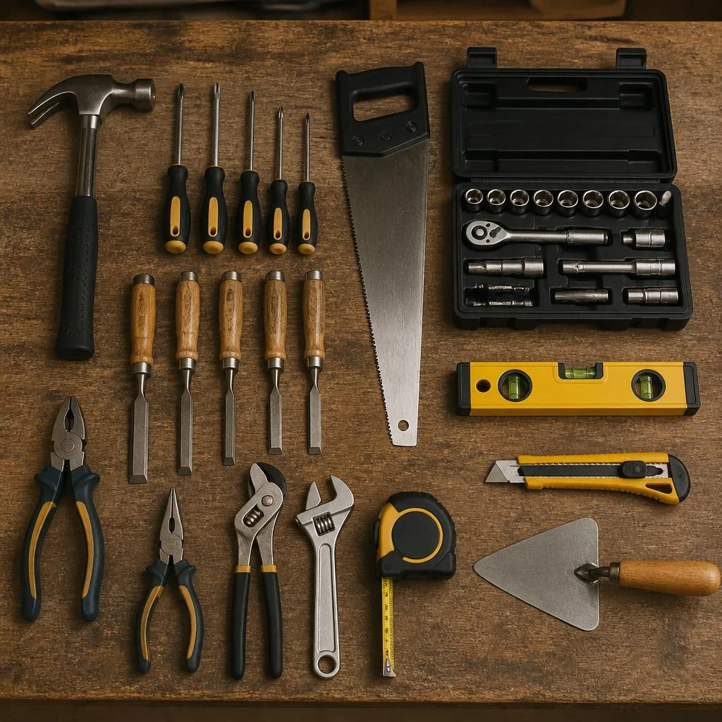 Professional trade hand tools laid out on a workbench