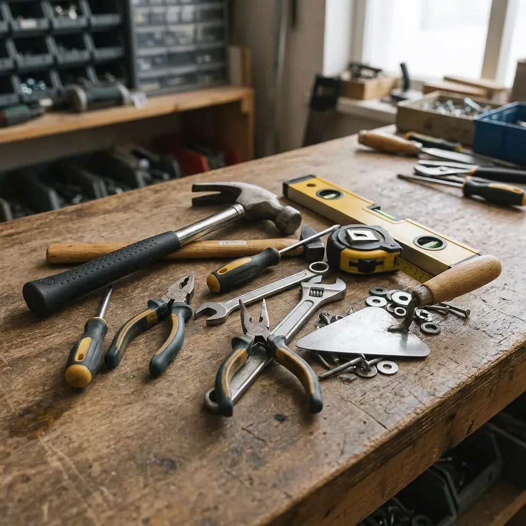 Professional trade hand tools laid out on a workbench