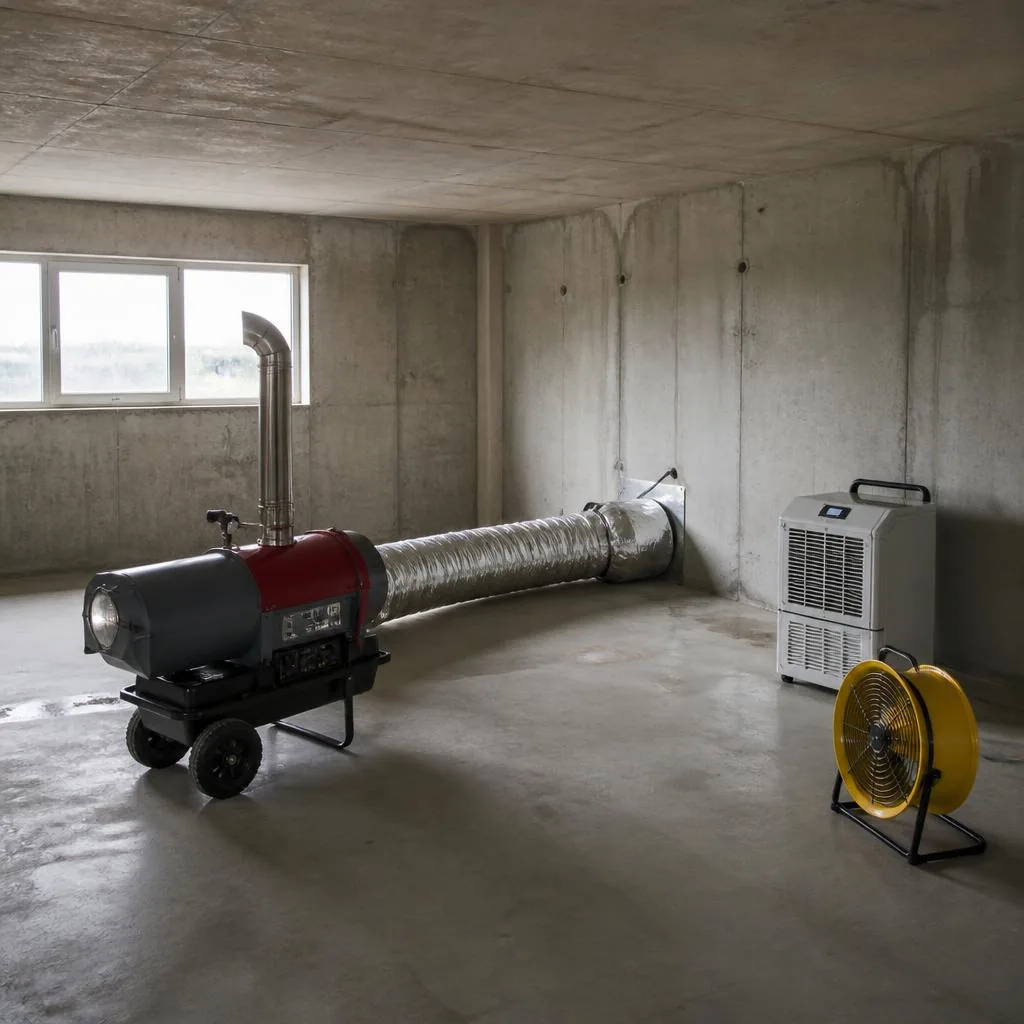 Industrial space heater, dehumidifier and floor fan drying a construction interior