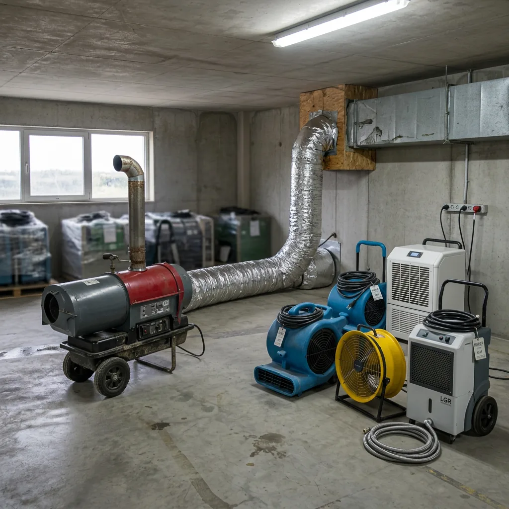 Industrial space heater, dehumidifier and floor fan drying a construction interior