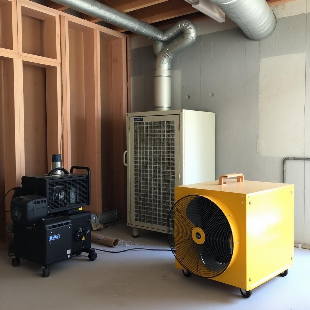 Industrial space heater, dehumidifier and floor fan drying a construction interior
