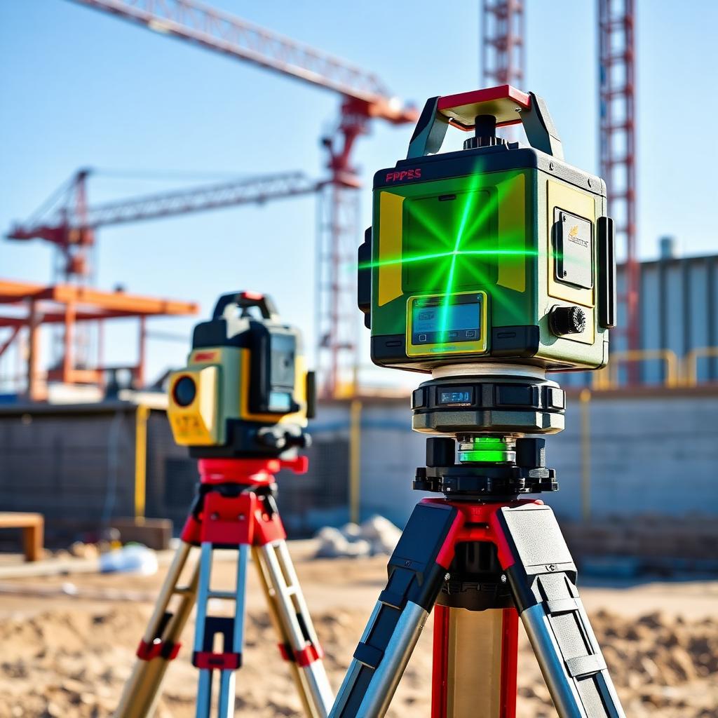 Rotary laser level and GPS surveying rover on tripods at a construction site