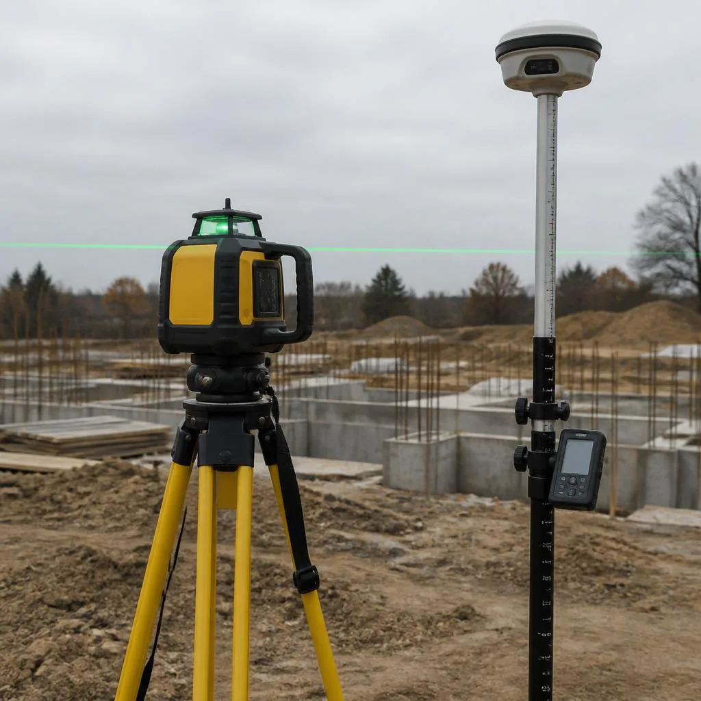 Rotary laser level and GPS surveying rover on tripods at a construction site