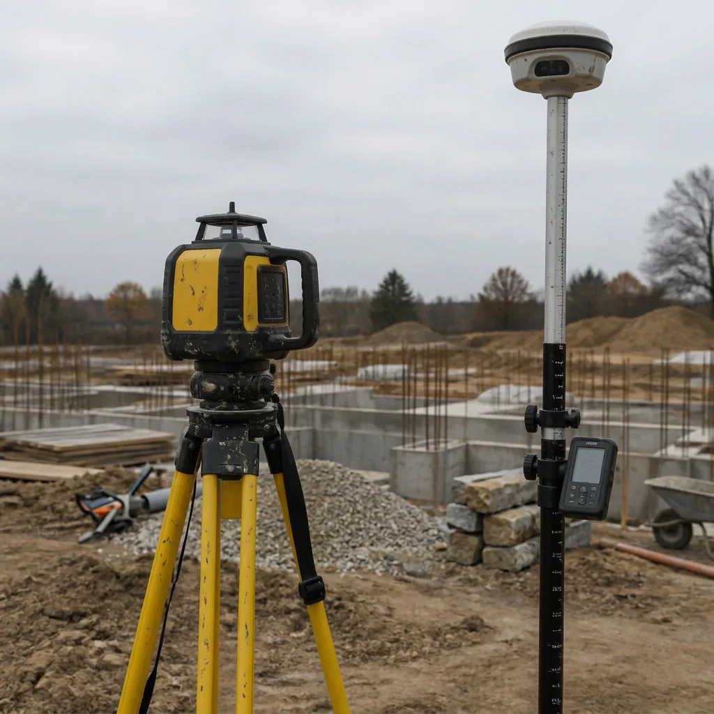 Rotary laser level and GPS surveying rover on tripods at a construction site