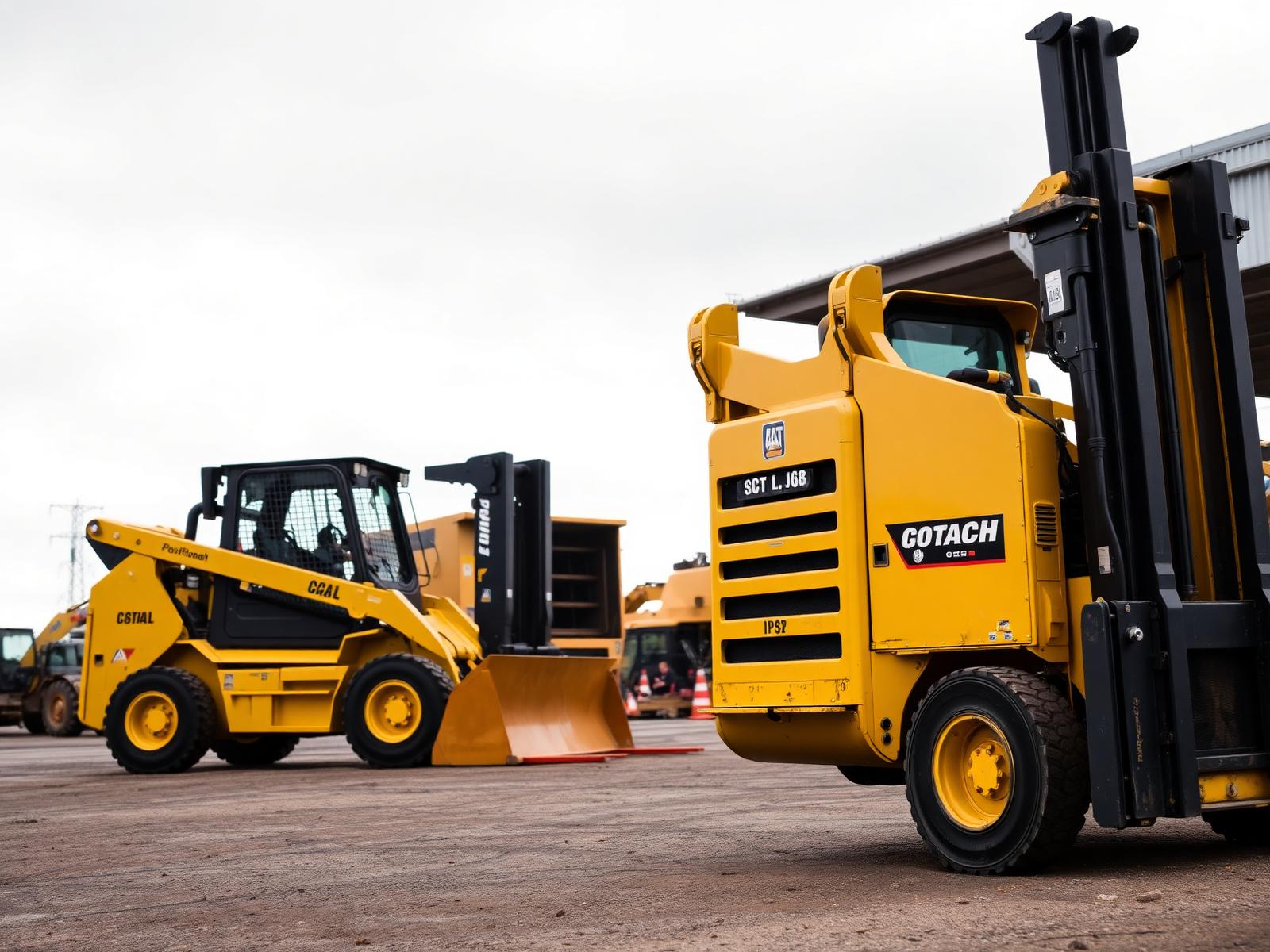Forklift and skid steer plant machinery in an industrial yard