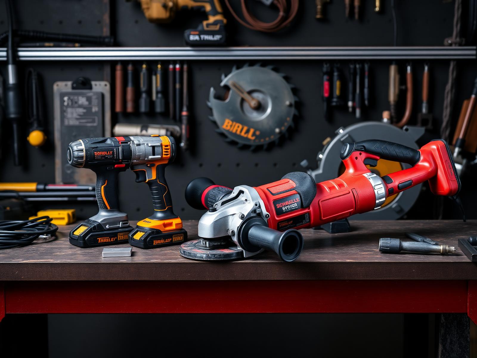 Professional cordless power tools on a workbench