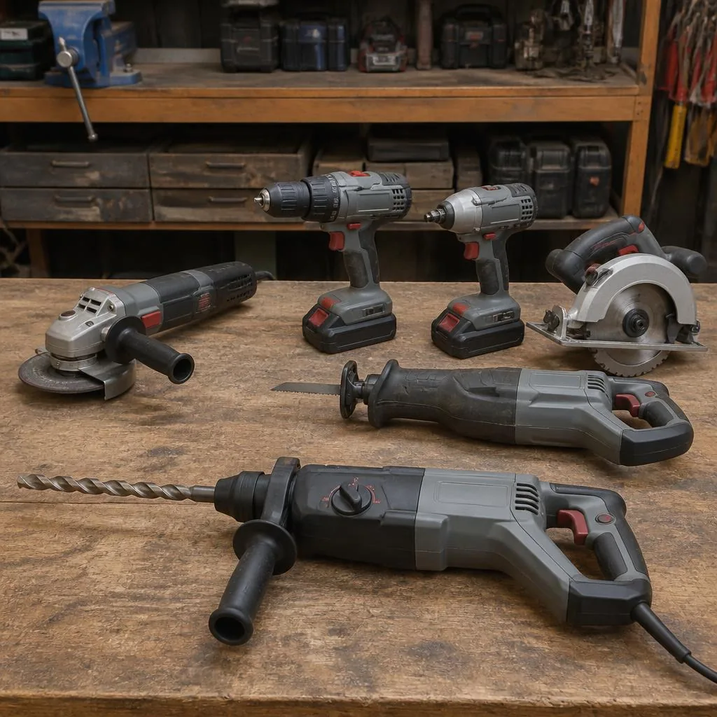 Professional cordless power tools on a workbench