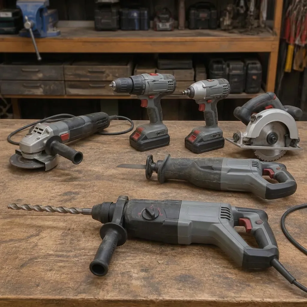 Professional power tools laid out on a workbench