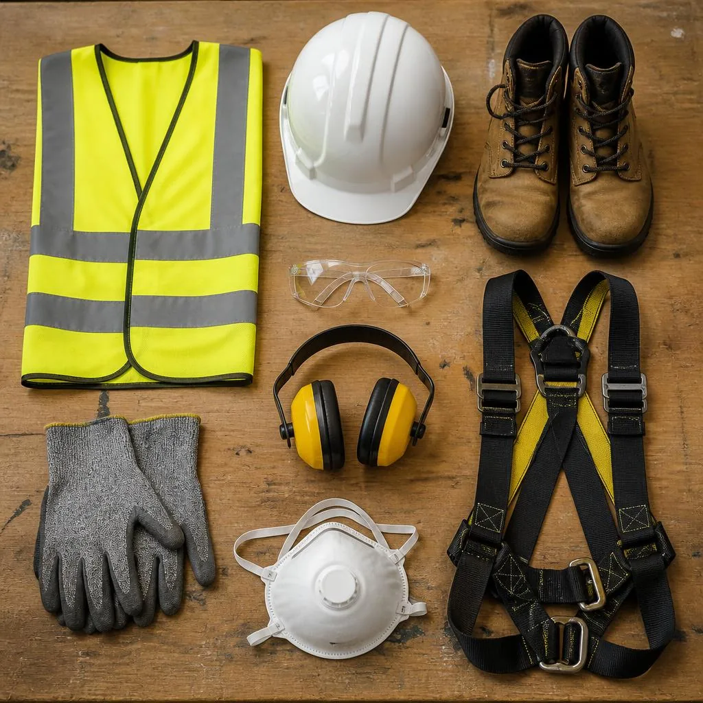 Industrial safety PPE equipment including hi-vis vest, hard hat, boots, glasses, ear defenders and harness