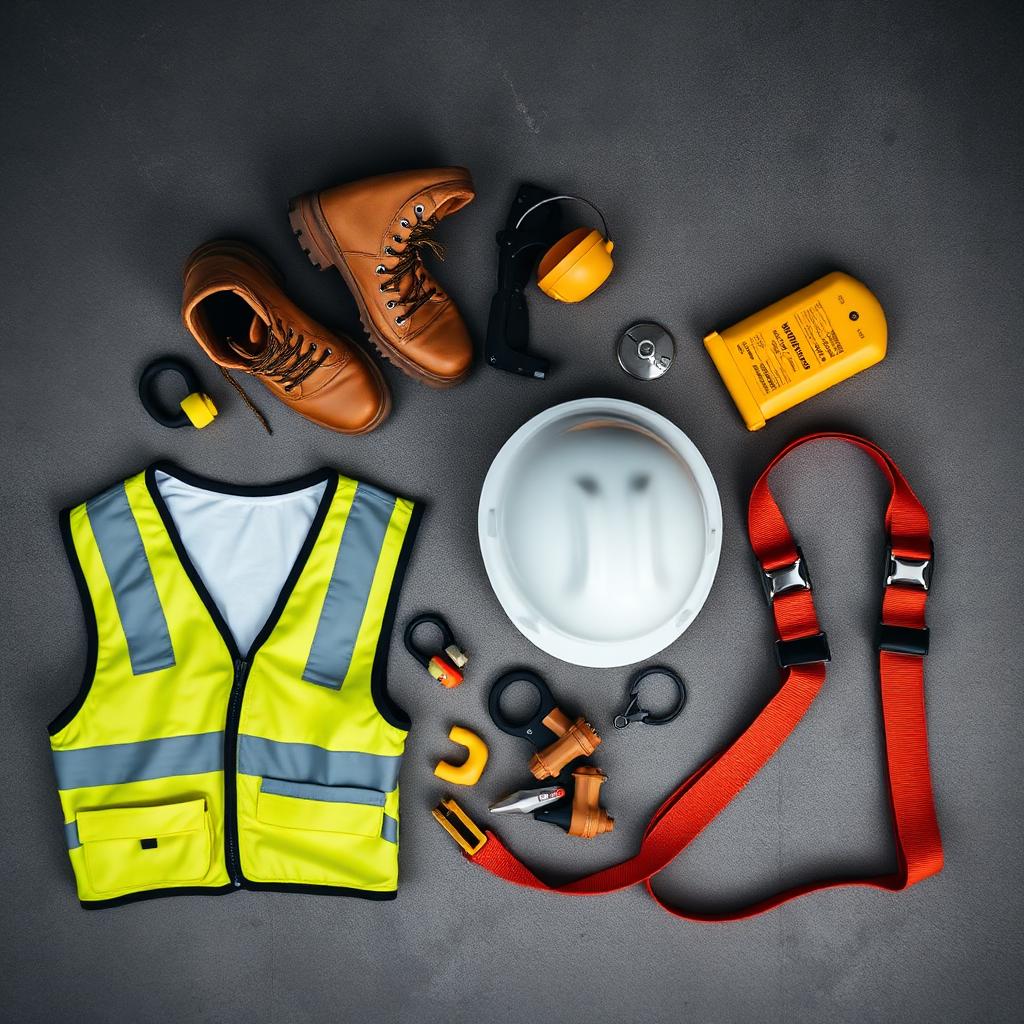 Industrial safety PPE equipment including hi-vis vest, hard hat, boots, glasses, ear defenders and harness