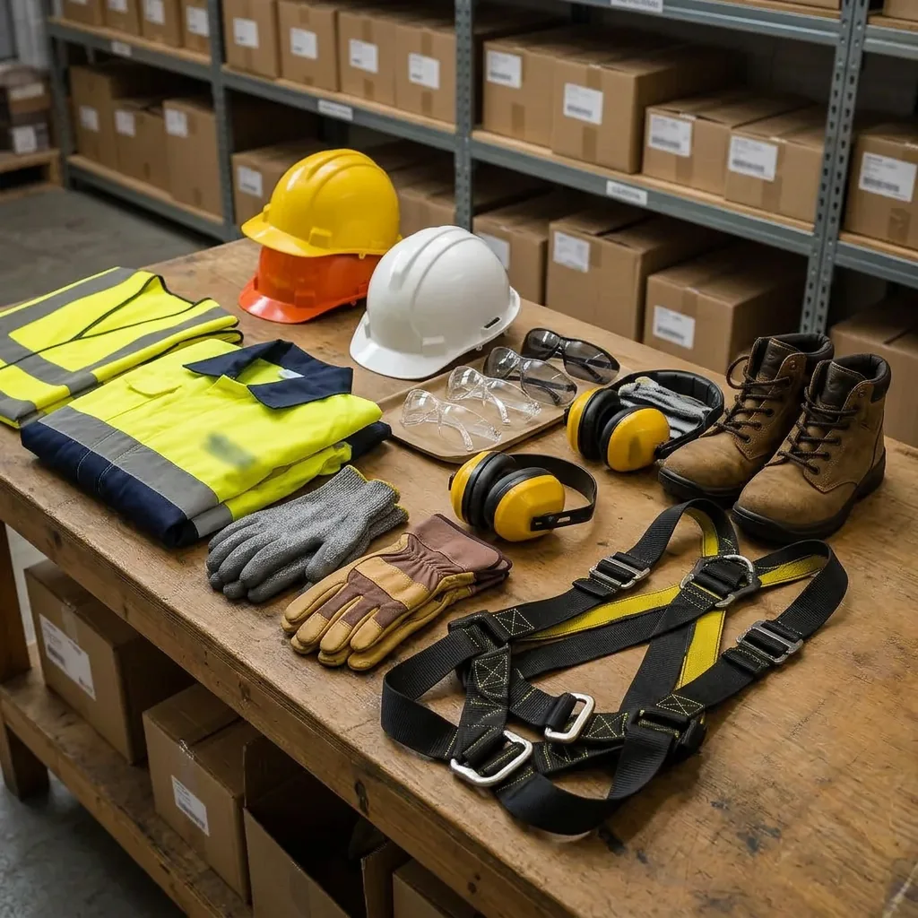 Industrial safety PPE equipment including hi-vis vest, hard hat, boots, glasses, ear defenders and harness