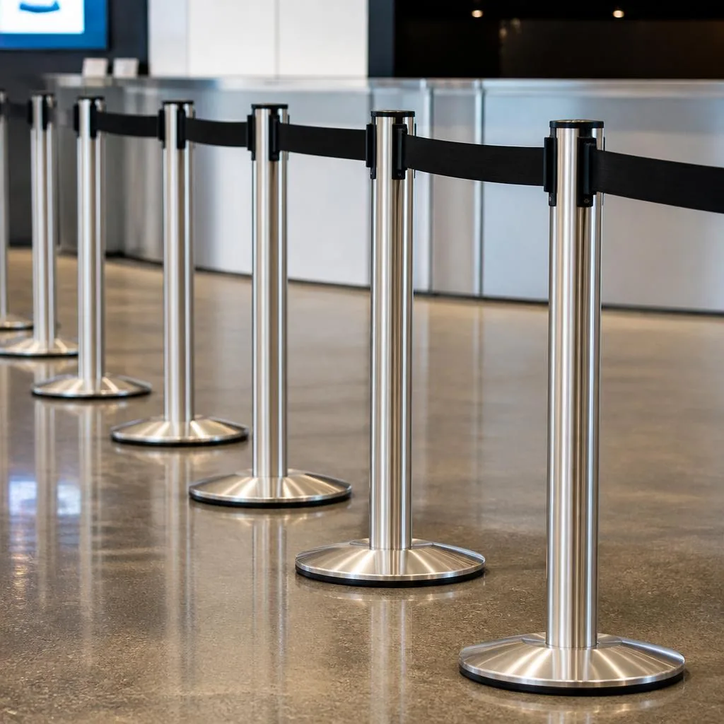 Retractable belt stanchion queue barriers in a venue