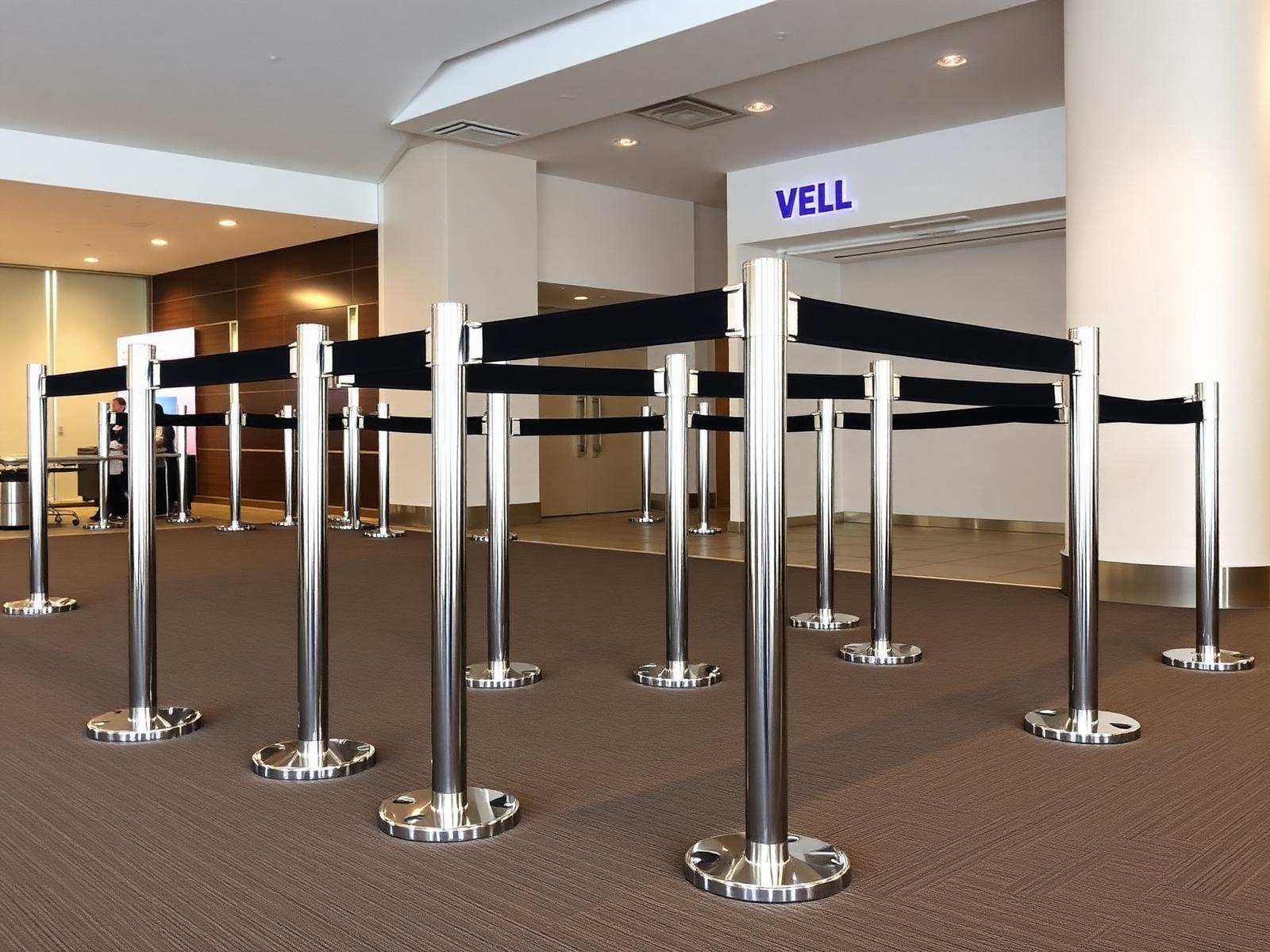 Retractable belt stanchion queue barriers in a venue