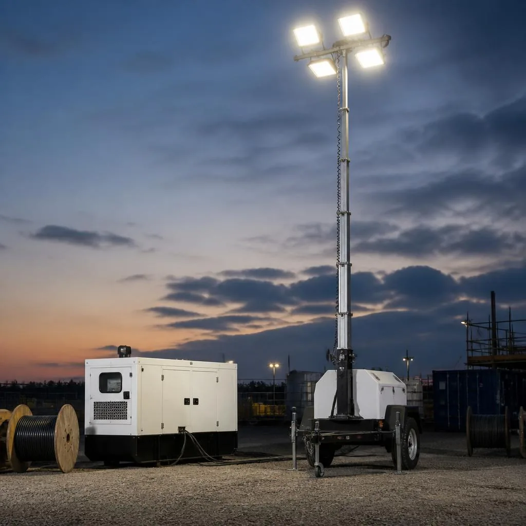 Site lighting tower and portable generator at a construction yard at dusk