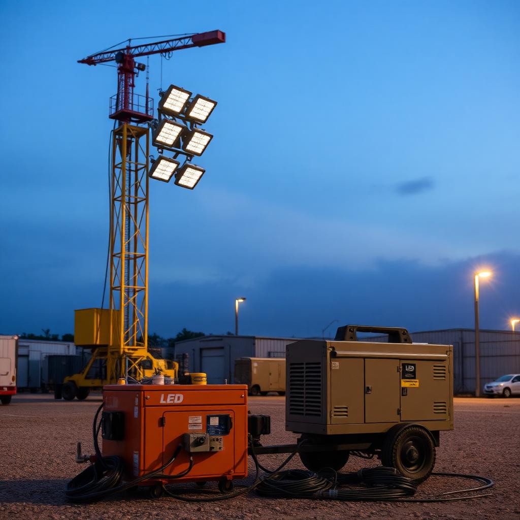 Site lighting tower and portable generator at a construction yard at dusk