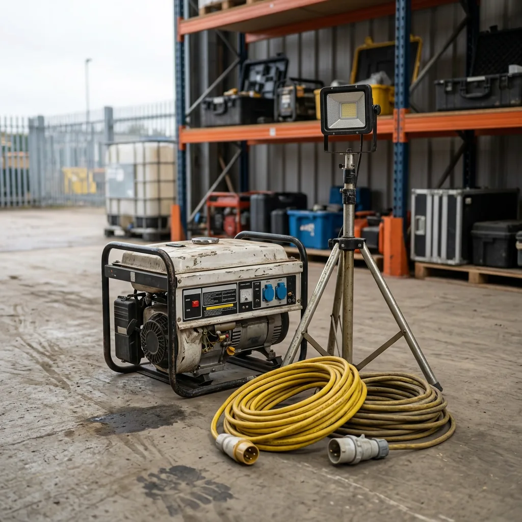 Site lighting tower and portable generator at a construction yard at dusk
